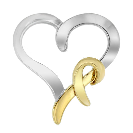 Close-up, front view of a two-toned heart-shaped necklace pendant with a ribbon-like element crossing the lower right side.