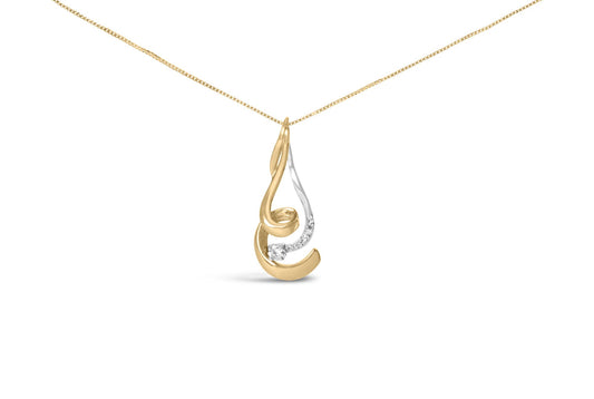 Front view of a two-toned necklace pendant with a curved design, featuring one round white gemstone and a cluster of smaller round white gemstones, hanging on a delicate chain.