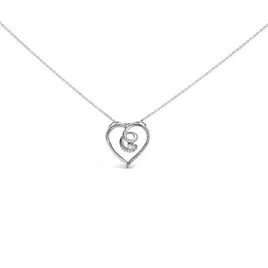 Front view of a white metal heart-shaped necklace pendant with a swirl design inside, accented with prong-set round white gemstones along the edges and a single larger gemstone in the center, on a matching chain.