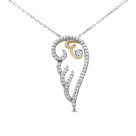 Front view of a yellow metal necklace pendant with a swirling design featuring multiple small white gemstones in prong settings and one larger white gemstone set within the swirl, attached to a fine chain.