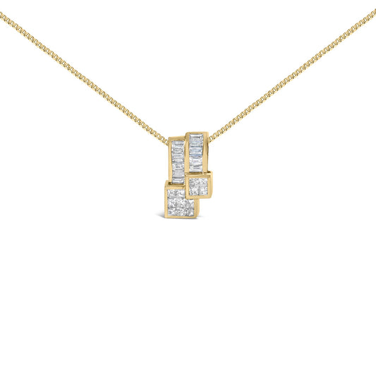 Front view of a yellow necklace with a pendant featuring white baguette-shaped gemstones in channel setting and white princess-shaped gemstones in invisible setting.