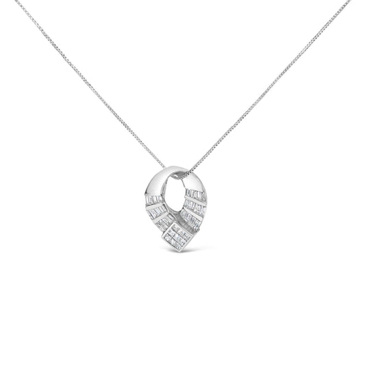 Close-up front view of a white metal necklace with a pendant featuring a looped design. The pendant is adorned with white, baguette-shaped gemstones in channel settings and a cluster of princess-shaped gemstones in invisible settings. The necklace is displayed against a white background.