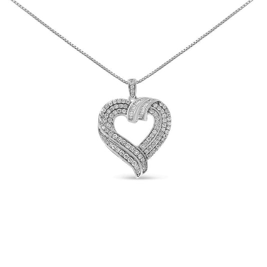 Front view of a white necklace with a heart-shaped pendant featuring white round prong-set gemstones and white baguette channel-set gemstones.
