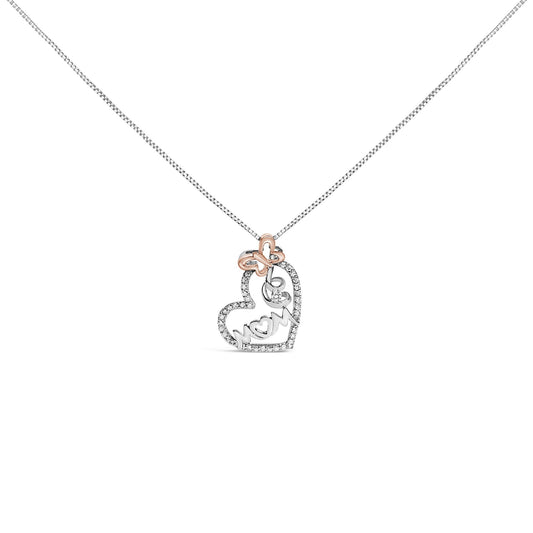 Front-facing view of a white and rose metal heart-shaped necklace pendant with a butterfly accent, outlined with white gemstones, and a 'MOM' script design inside the heart accented with white gemstones.