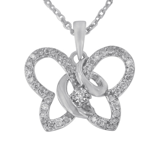 Front-facing close-up of a white metal butterfly-shaped necklace pendant adorned with multiple small round white gemstones and one larger round white gemstone in the center.