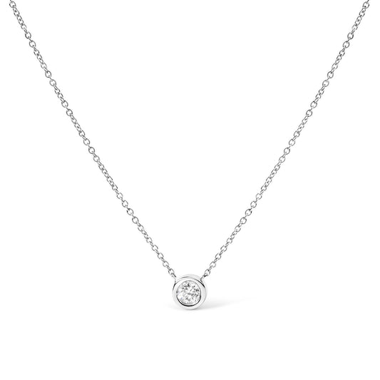 Front view of a white metal necklace with a round white gemstone in a bezel setting pendant.