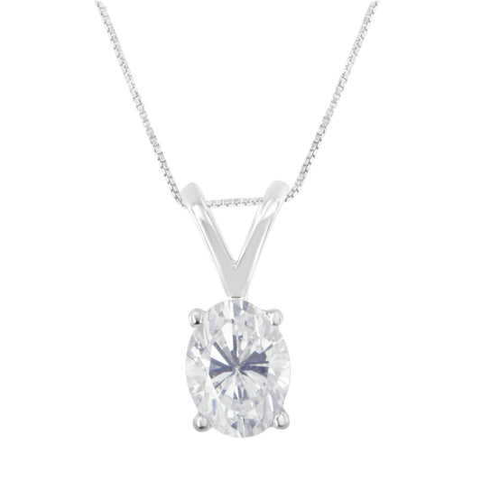 Front-facing image of a white metal necklace with a pendant featuring a single oval-shaped white gemstone in a prong setting.