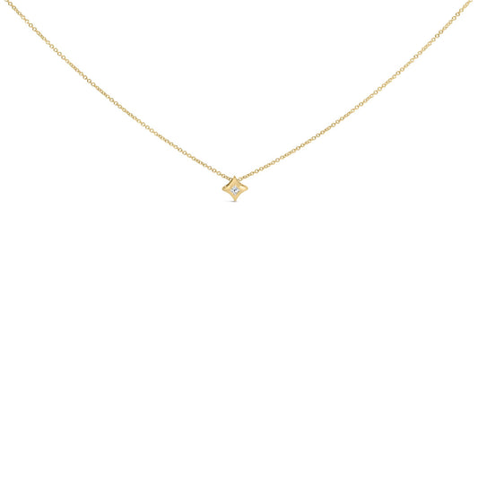 Front-facing shot of a yellow metal necklace with a small princess-shaped white gemstone pendant in an invisible setting.