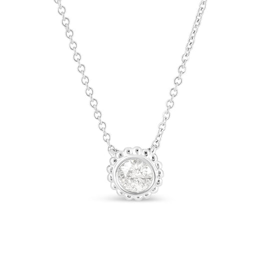 Front-facing close-up of a white metal necklace with a round bezel-set white gemstone pendant.