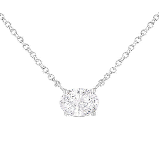 Front angle close-up of a white metal necklace with an oval-shaped white gemstone in a four-prong setting.