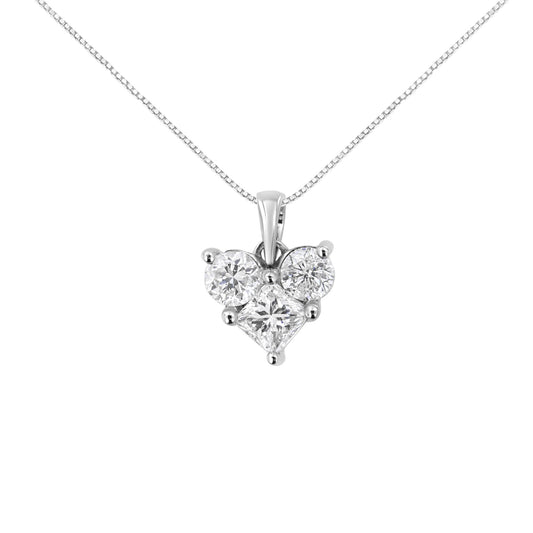 Front view of a white metal necklace with a pendant featuring one princess shaped and two round shaped white gemstones in prong settings.