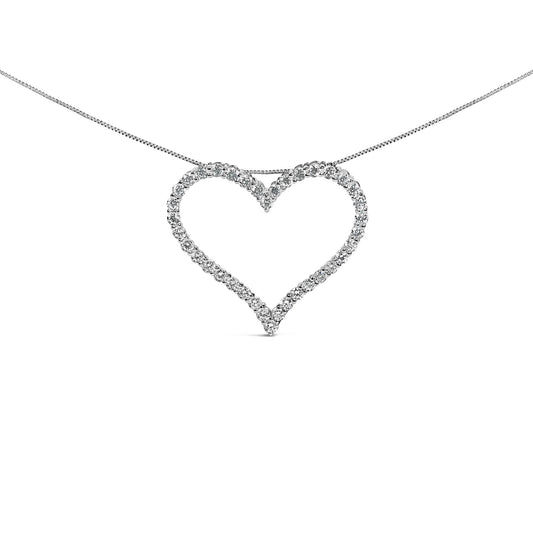 Close-up front view of a white metal necklace with a heart-shaped pendant set with round white gemstones in a shared prong setting, shown on a white background.