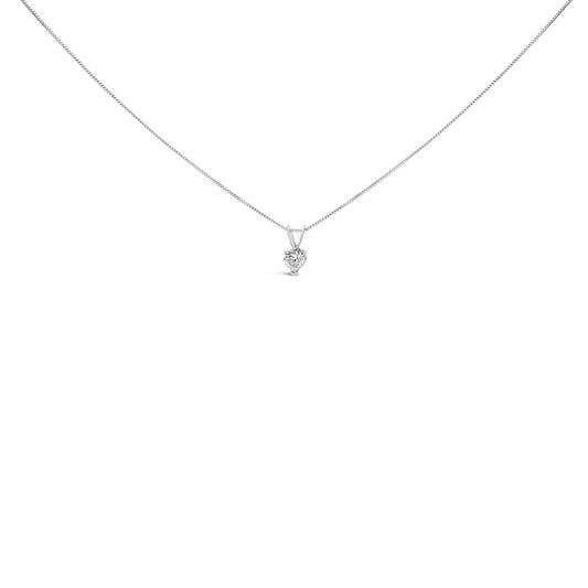 Front-facing shot of a white necklace with a heart-shaped white gemstone pendant in a 3-prong setting.