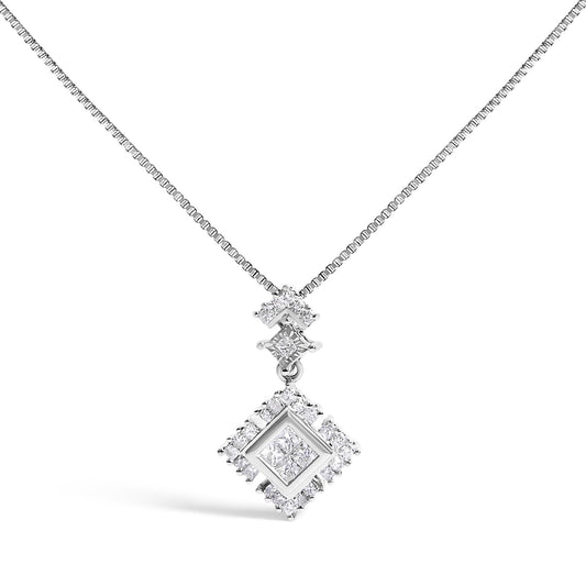 Close-up front angle of a white metal necklace with a pendant featuring multiple princess-shaped white gemstones in prong and channel settings arranged in a square and layered design.