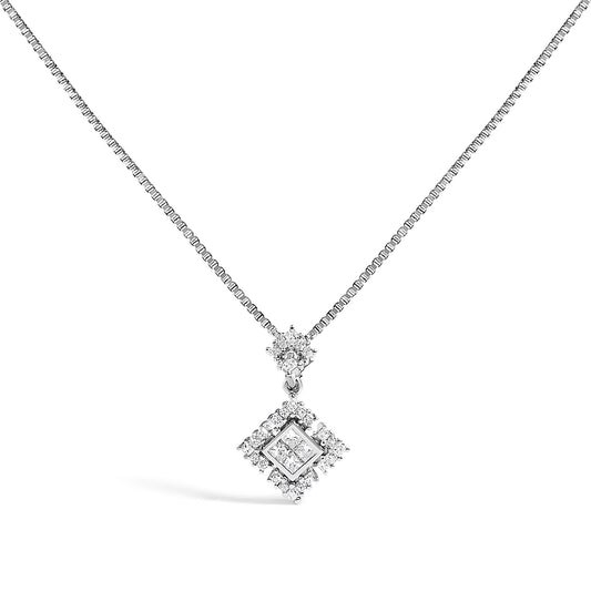 Close-up front angle of a white necklace featuring a pendant with various princess-shaped white gemstones in prong and channel settings.