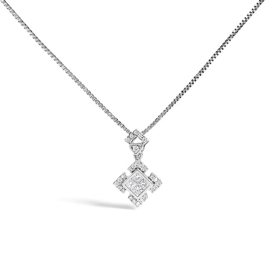 White metal necklace with a pendant featuring princess and round white gemstones in channel and prong settings, shown in a front-facing close-up angle.