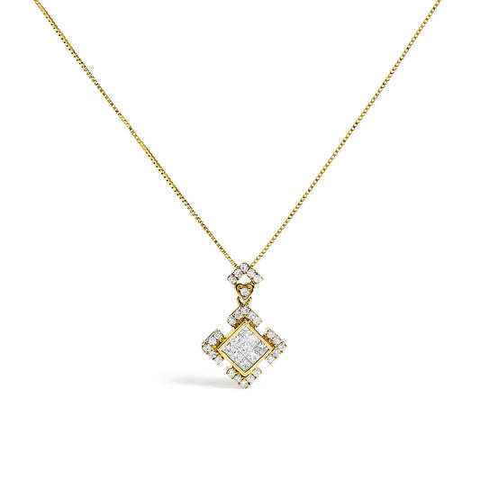 Yellow necklace shown in close-up front view with a pendant featuring white gemstones in princess and round shapes in channel and prong settings.