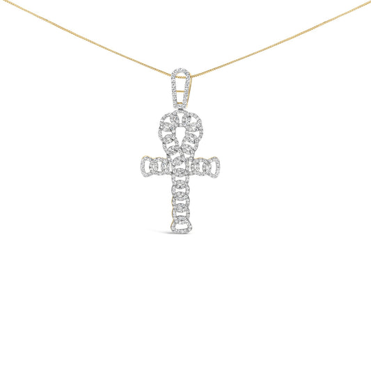 Yellow metal necklace with a cross-shaped pendant decorated with numerous round white gemstones in prong settings, shown in a front-facing close-up view.