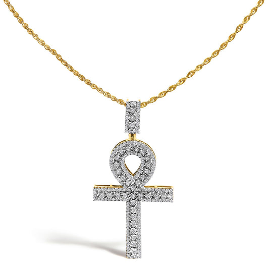 Close-up front view of a yellow metal necklace with a pendant featuring pave-set white round gemstones forming a cross shape, shown on a white background.