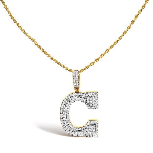 Close-up front view of a yellow necklace with a pendant shaped like the letter C, adorned with white round pave-set gemstones.