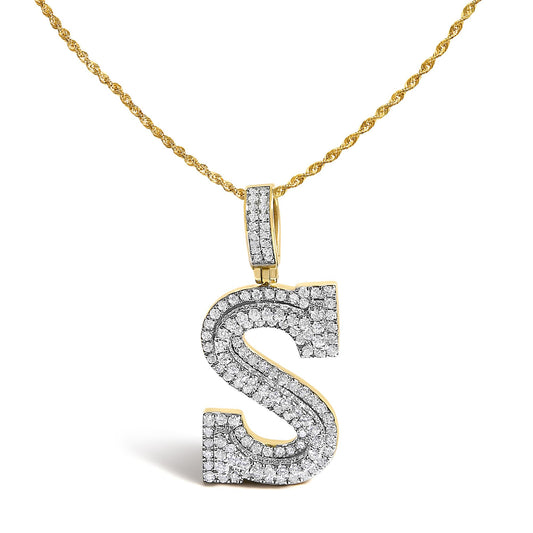 Close-up front view of a yellow metal twisted chain necklace with an 'S' shaped pendant encrusted with white round gemstones in a shared prong setting.