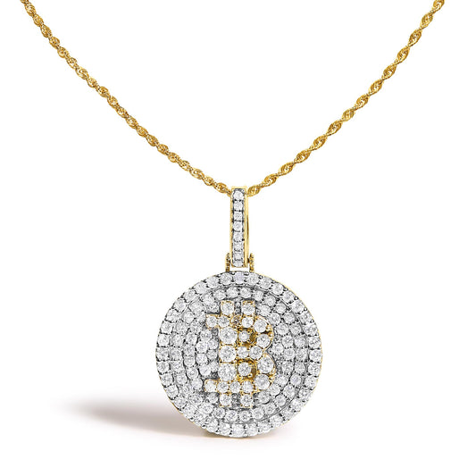Close-up front view of a yellow metal necklace with a twisted chain and a circular pendant featuring an intricate pattern of white gemstones in a pave setting.