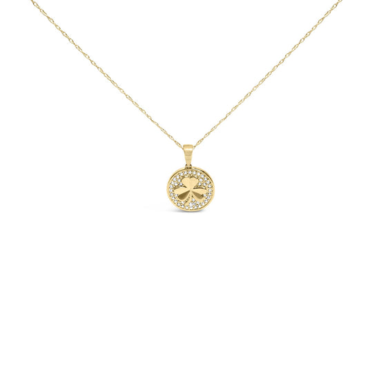 Yellow necklace shown from the front with a round pendant featuring a three-leaf clover design surrounded by white gemstones in prong settings.