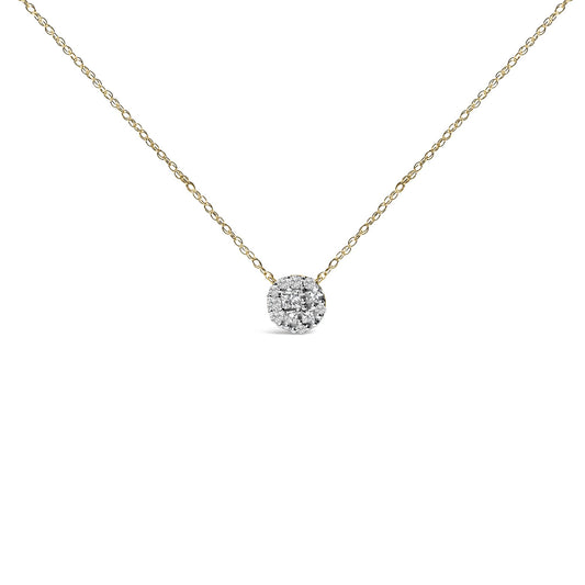 Close-up front view of a yellow necklace with a circular pendant featuring multiple white gemstones in round and princess shapes, prong set.