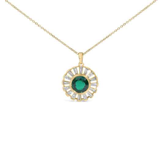 Close-up front view of a yellow necklace with a circular pendant featuring a central round green gemstone surrounded by white baguette-shaped gemstones in a channel setting.