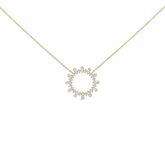 Close-up front view of a yellow metal necklace with a circular pendant featuring alternating white round and baguette-shaped gemstones, shown on a white background.
