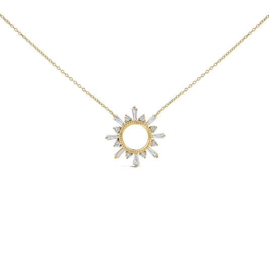 Close-up front view of a yellow necklace with a circular pendant featuring alternating white round and baguette-shaped gemstones in prong settings along the edge, shown on a white background.
