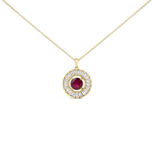 14K Yellow Gold Plated Sterling Silver Lab Grown Ruby and Diamond Medallion Pendant Necklace