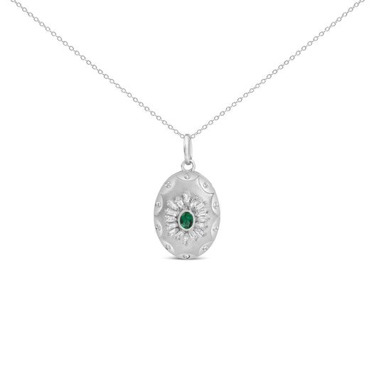 Sterling Silver Lab Grown Emerald and Diamond Sunburst Medallion Pendant Necklace