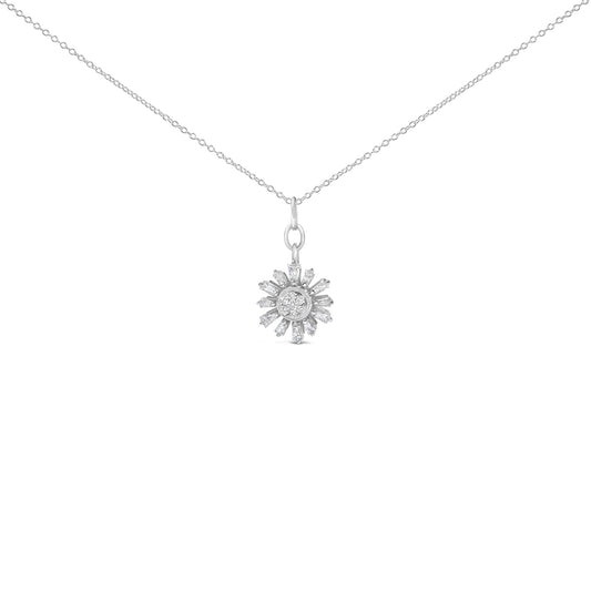 Close-up front angle of a white metal necklace with a pendant featuring round and baguette-shaped white gemstones in prong settings.