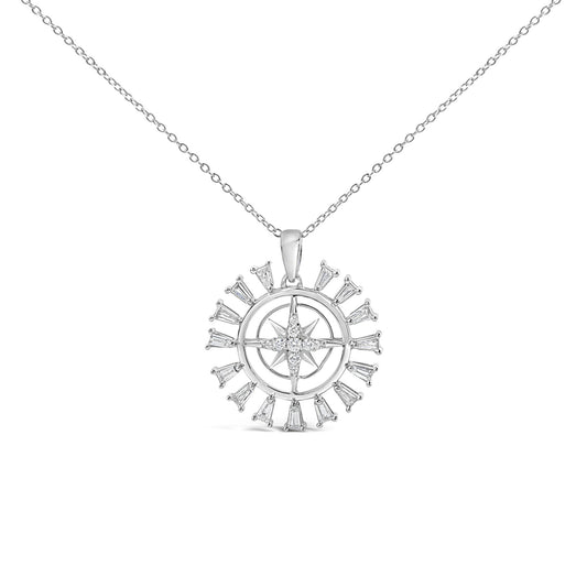 Close-up front view of a white necklace with a circular sunburst pendant featuring baguette and round white gemstones in prong settings, shown on a white background.