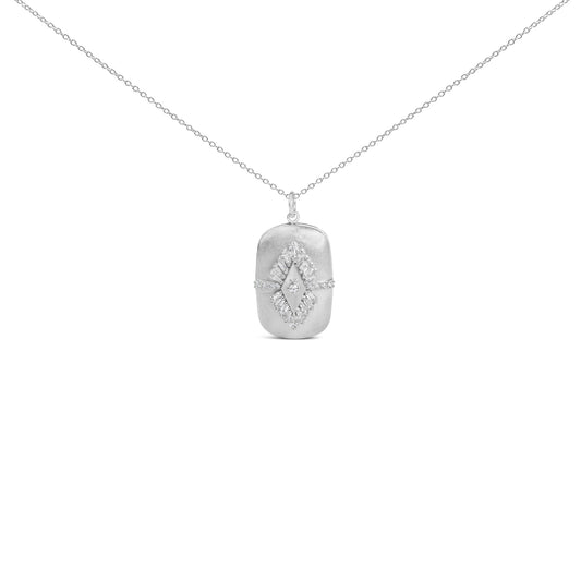 Close-up front view of a white metal necklace with a rectangular pendant featuring an array of white gemstones in baguette and round shapes in prong settings.