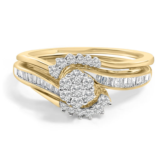 Close-up front angle of a ring with yellow and white metal bands, featuring a central cluster of round white gemstones in prong settings, flanked by curved rows of baguette-shaped white gemstones in channel settings.