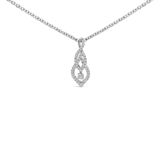 White metal necklace with a pendant shown front facing, featuring a flowing loop design set with numerous round white gemstones in prong settings.