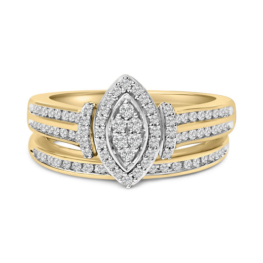 Front view of a two-tone ring featuring a marquise-shaped cluster of white gemstones in an invisible setting at the center, with additional white gemstones embedded along split bands.