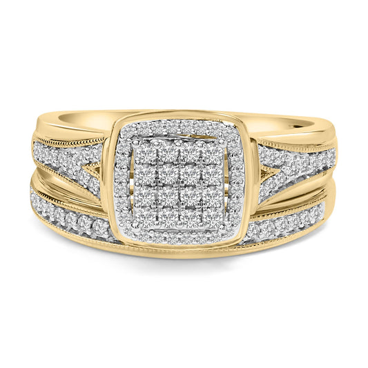 Front angle close-up of a yellow and white metal ring featuring a square cluster of round white gemstones in the center with additional rows of round white gemstones along the split band.