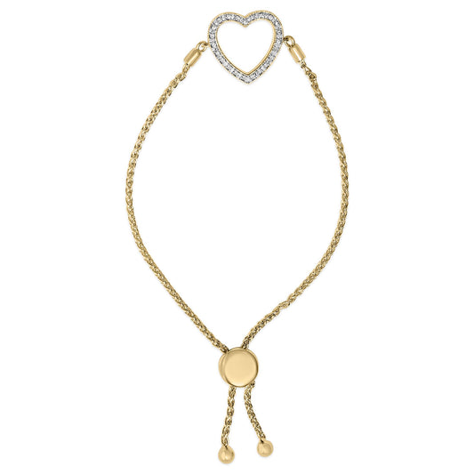 Close-up front view of a yellow bracelet with a heart-shaped centerpiece outlined with white gemstones in a pave setting, and an adjustable sliding bead with two chain ends.