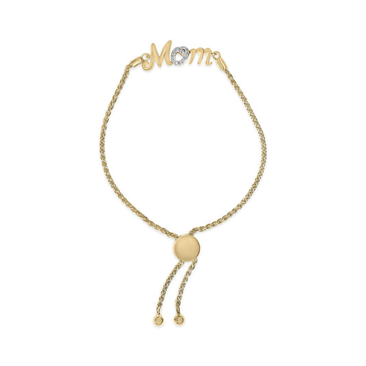 Yellow bracelet shown from the front on a white background with the word 'Mom' and one letter decorated with white gemstones in a pave setting, featuring a sliding clasp with two chain ends.