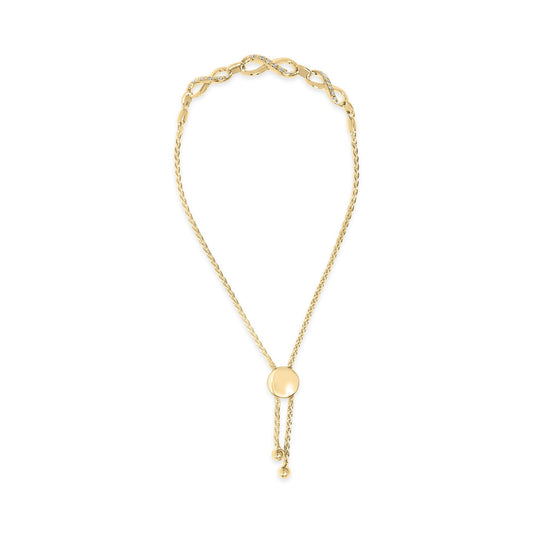 Yellow bracelet with twisted chain and infinity-shaped links accented with white gemstones in pave setting, shown in close-up front angle.