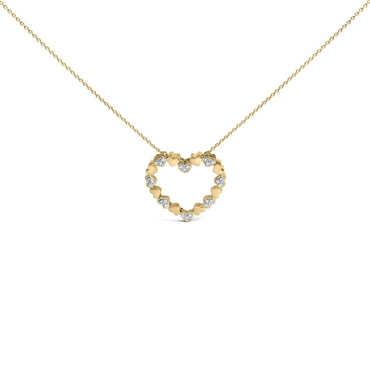 Yellow necklace with a heart-shaped pendant made of alternating solid hearts and hearts with white gemstones in pave setting, shown in a close-up front angle on a white background.