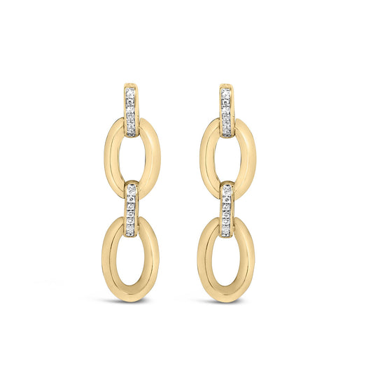 Pair of yellow metal earrings with linked oval shapes featuring white gemstones in pave settings, shown in a front-facing close-up shot on a white background.
