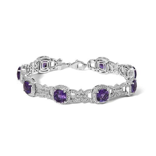 White metal bracelet with alternating cushion-shaped purple gemstones and round white gemstones in pave setting, shown from a slightly elevated front angle.