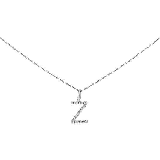 Close-up front view of a white metal necklace with a pendant shaped like the letter Z, embellished with round white gemstones in a micro-pave setting.