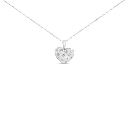 Close-up front view of a white necklace with a heart-shaped pendant featuring multiple round white gemstones in prong settings.