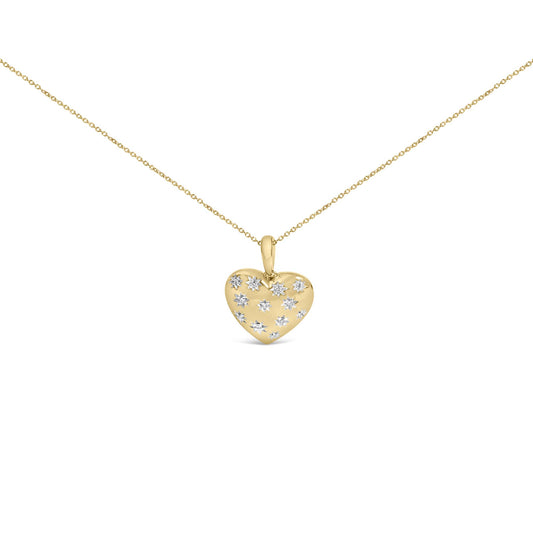Close-up front view of a yellow metal heart-shaped pendant necklace featuring multiple round white gemstones in prong settings, shown on a white background.