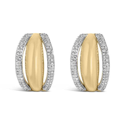 Close-up front view of a pair of yellow metal earrings with a smooth elongated oval shape in the center, bordered on both sides by rows of white gemstones in pave setting.